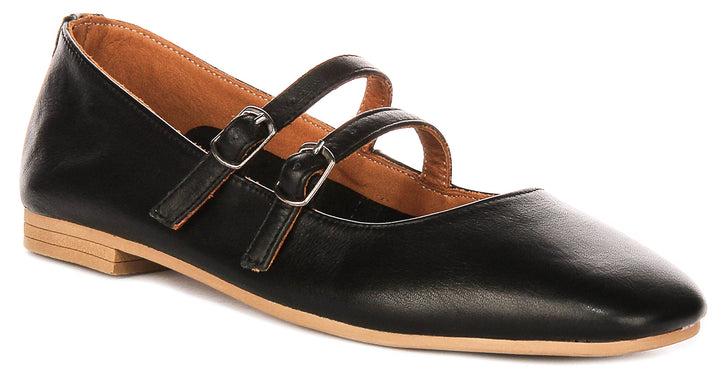 Dotty Double Buckle Mary Jane In Black Leather