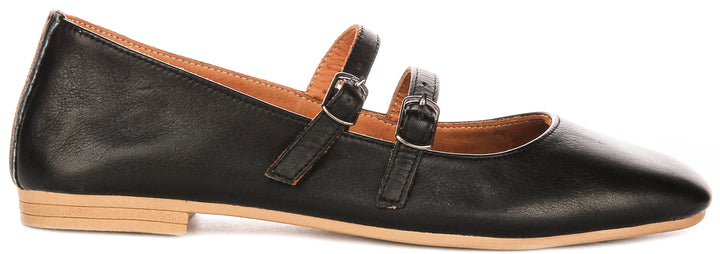 Dotty Double Buckle Mary Jane In Black Leather