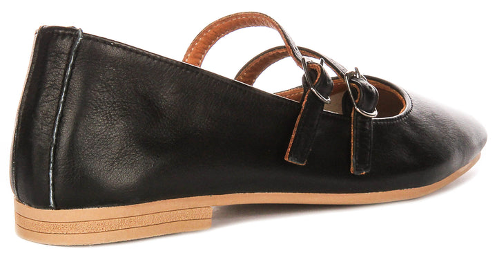Dotty Double Buckle Mary Jane In Black Leather