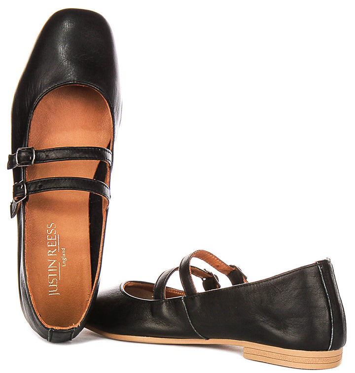 Dotty Double Buckle Mary Jane In Black Leather