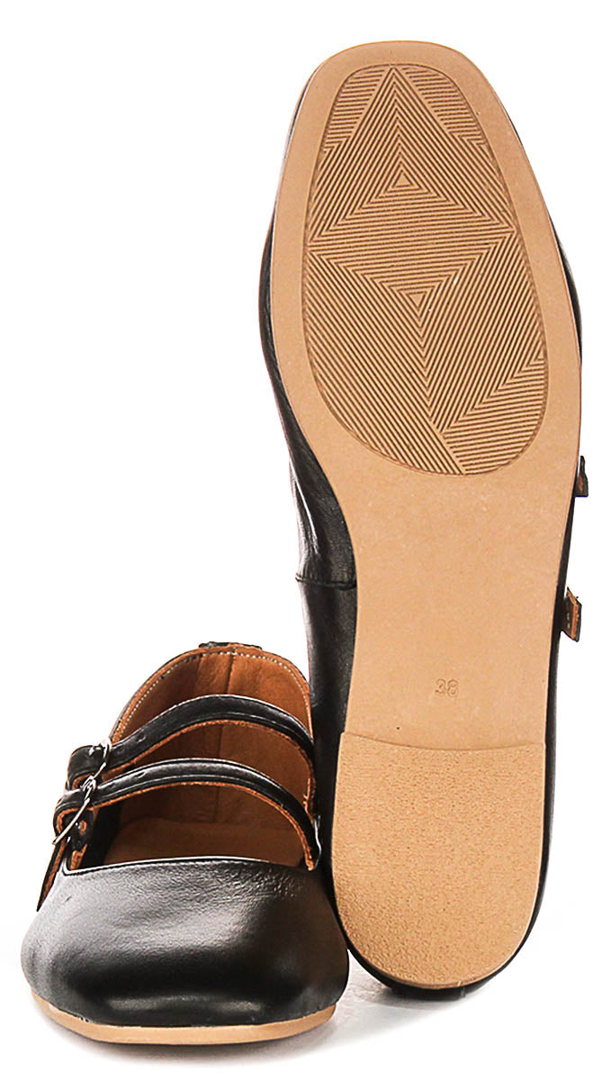 Dotty Double Buckle Mary Jane In Black Leather