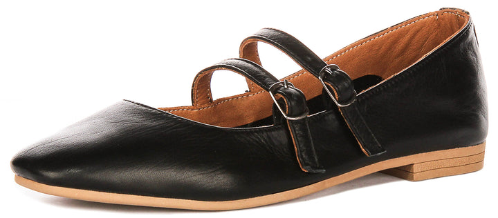 Dotty Double Buckle Mary Jane In Black Leather