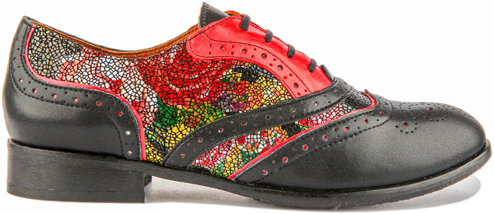 Roxana Lace up Soft Leather Brogue Shoes in Black Floral Red