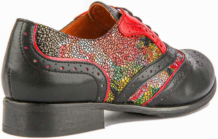 Roxana Lace up Soft Leather Brogue Shoes in Black Floral Red