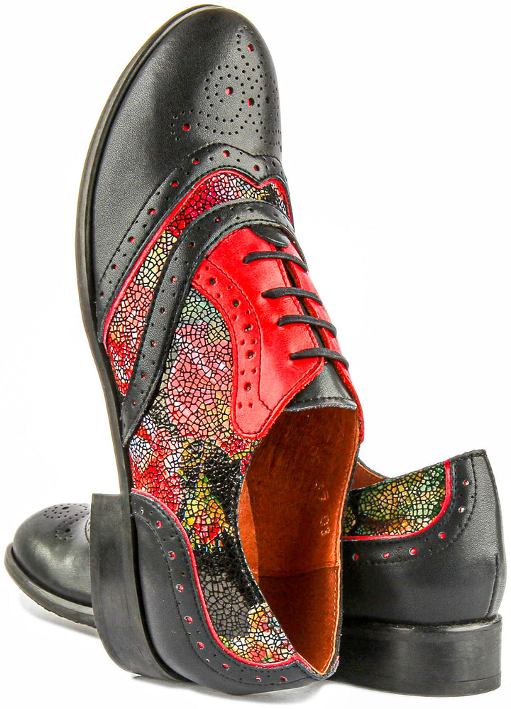 Roxana Lace up Soft Leather Brogue Shoes in Black Floral Red