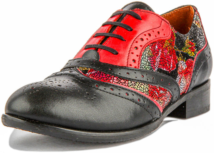 Roxana Lace up Soft Leather Brogue Shoes in Black Floral Red