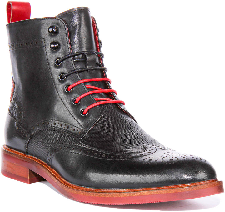 Cameron Lace up Brogue Ankle Boots In Black Red