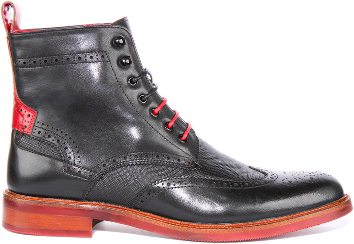 Cameron Lace up Brogue Ankle Boots In Black Red