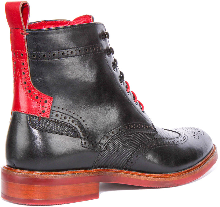 Cameron Lace up Brogue Ankle Boots In Black Red