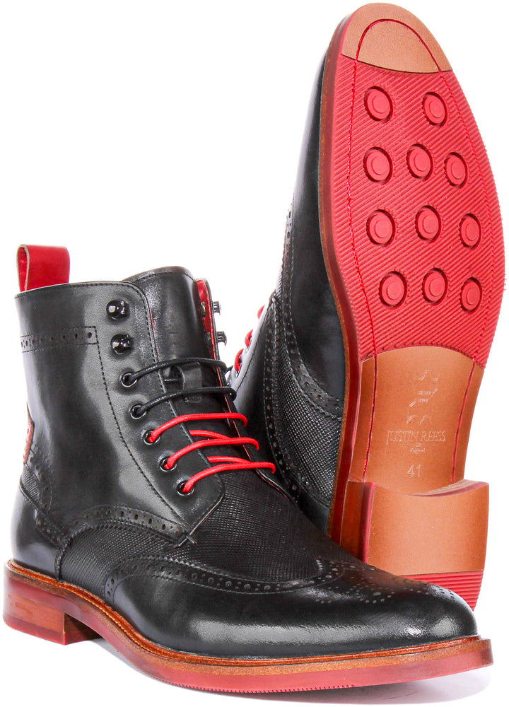Cameron Lace up Brogue Ankle Boots In Black Red