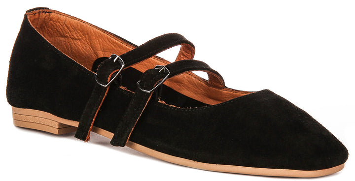Dotty Double Buckle Mary Jane In Black Suede