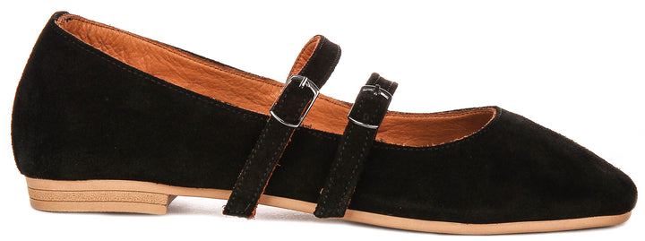 Dotty Double Buckle Mary Jane In Black Suede