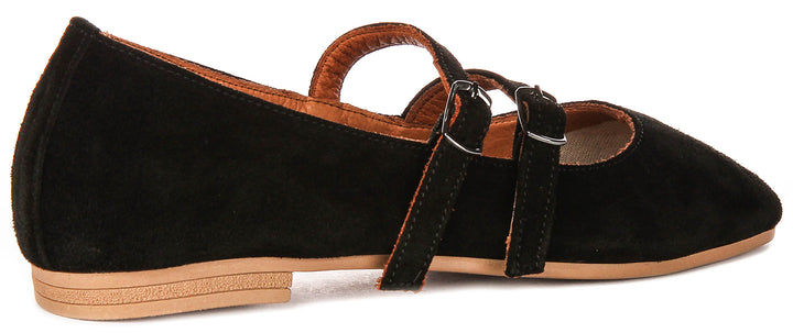 Dotty Double Buckle Mary Jane In Black Suede