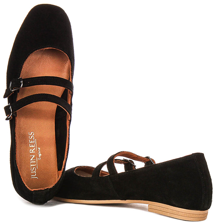 Dotty Double Buckle Mary Jane In Black Suede