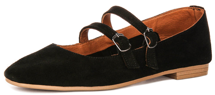 Dotty Double Buckle Mary Jane In Black Suede