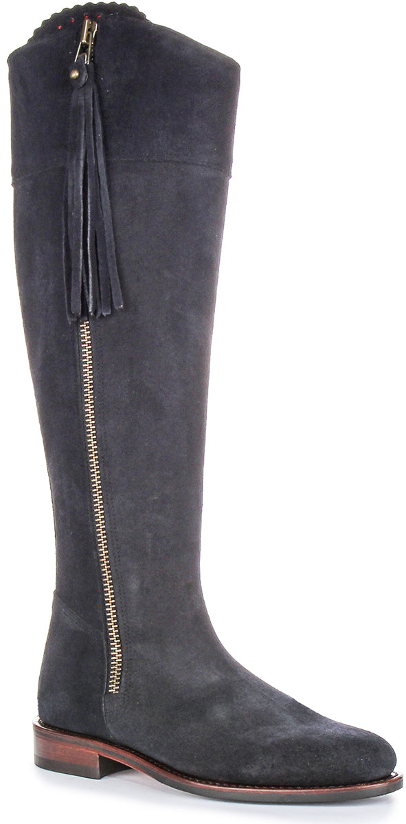 JUSTINREESS Womens Navy Leather Tassel Riding Boot Narrow Fit Justin Reess