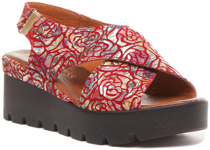 June Platform Cross Over Sandal in Red Floral Print