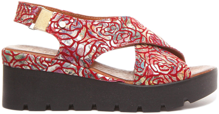 June Platform Cross Over Sandal in Red Floral Print