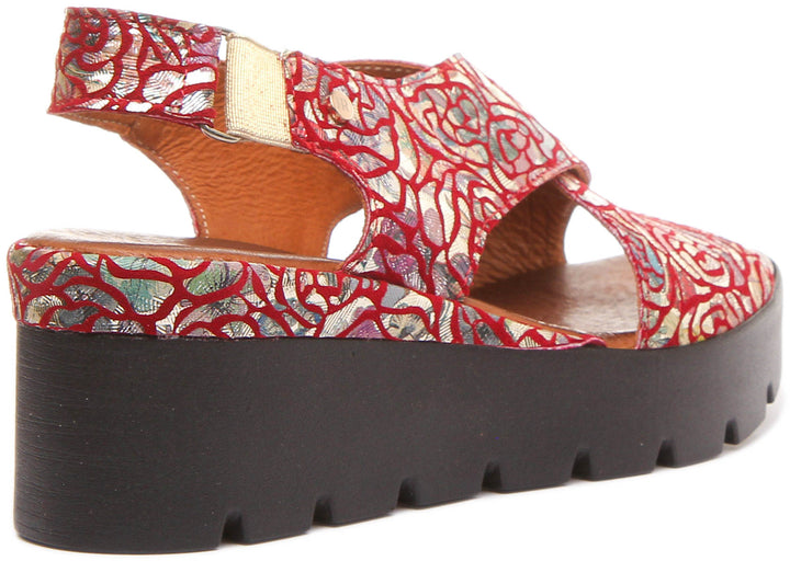 June Platform Cross Over Sandal in Red Floral Print