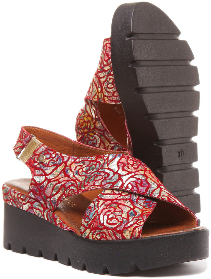 June Platform Cross Over Sandal in Red Floral Print