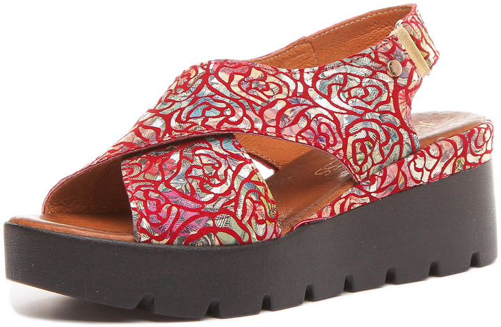 June Platform Cross Over Sandal in Red Floral Print