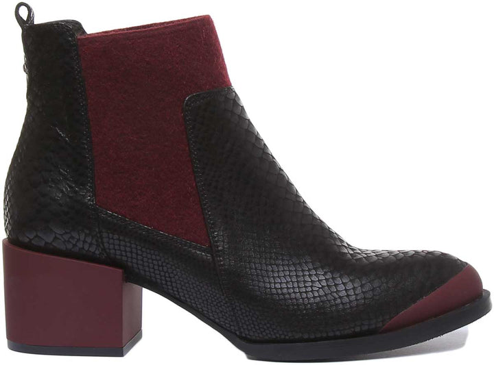 JUSTINREESS ENGLAND Womens Ankle Boots Heather Block Heel Chelsea Boot In Black Red