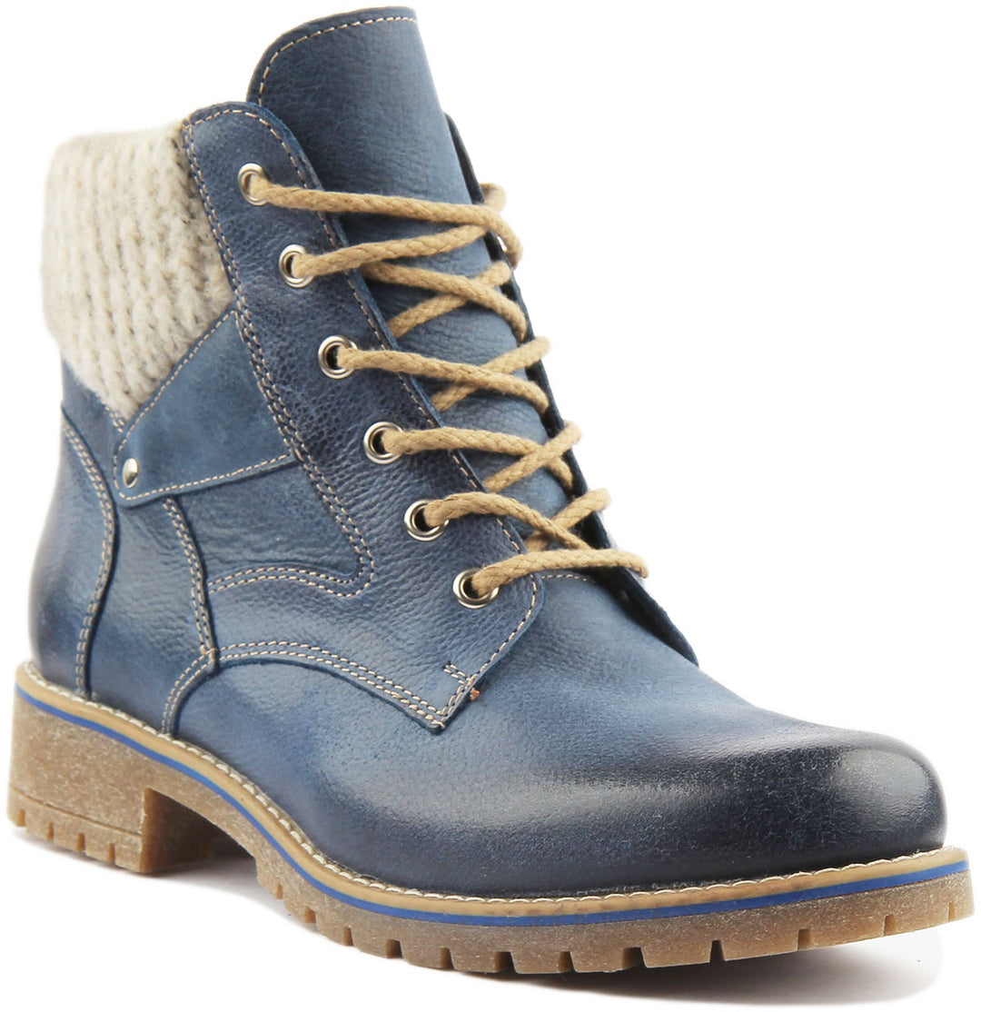 JUSTINREESS ENGLAND Womens Ankle Boots Sophia Warm Collar Leather Hiker Boot In Blue
