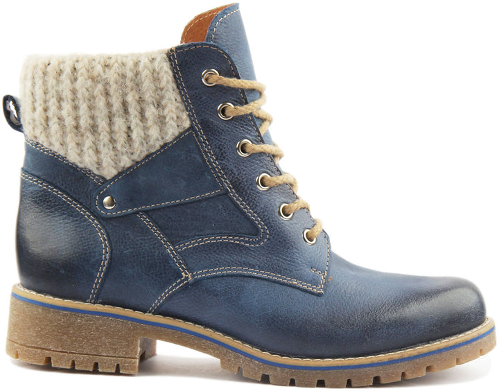 JUSTINREESS ENGLAND Womens Ankle Boots Sophia Warm Collar Leather Hiker Boot In Blue