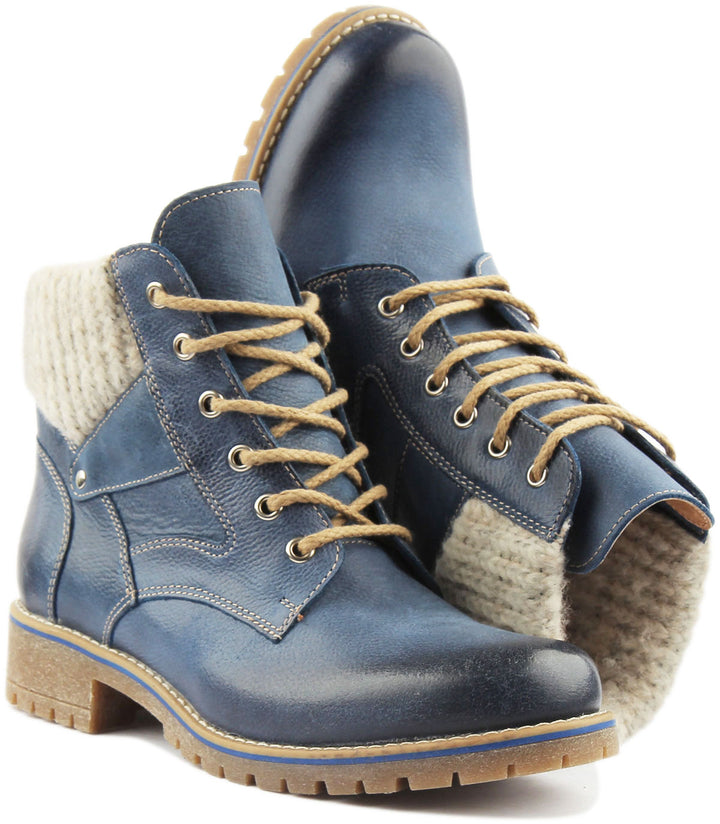 JUSTINREESS ENGLAND Womens Ankle Boots Sophia Warm Collar Leather Hiker Boot In Blue