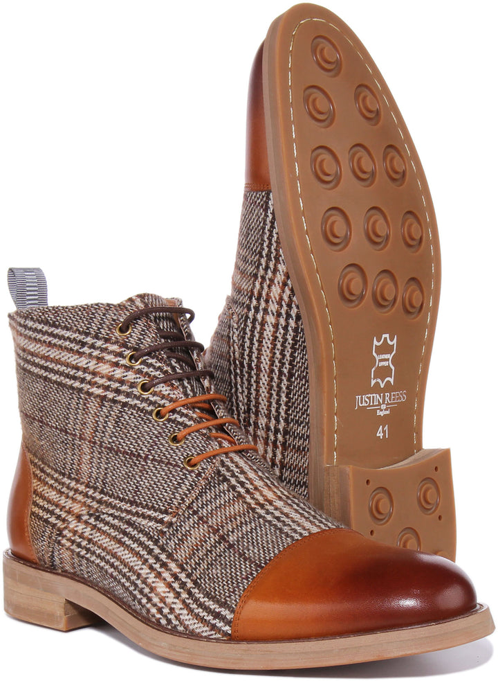 Justinreess England Shoes Greg Lace up Tweed Boots In Brown