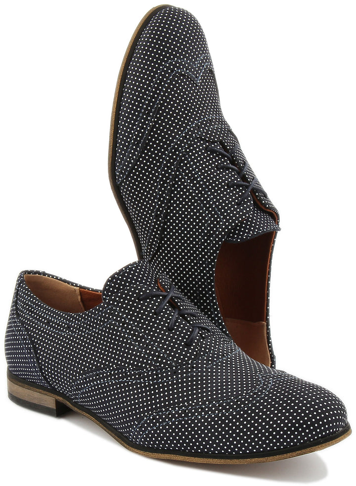 JUSTINREESS ENGLAND Womens Shoes Kalina Lace up Flat Brogues In Navy Pokadot