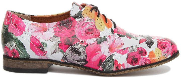 JUSTINREESS ENGLAND Womens Shoes Kalina Lace up Flat Brogue In White Floral Print