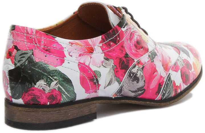 JUSTINREESS ENGLAND Womens Shoes Kalina Lace up Flat Brogue In White Floral Print