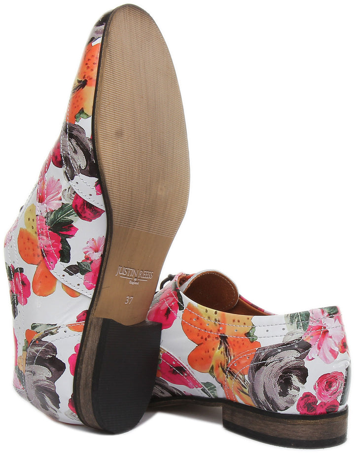 JUSTINREESS ENGLAND Womens Shoes Kalina Lace up Flat Brogue In White Floral Print