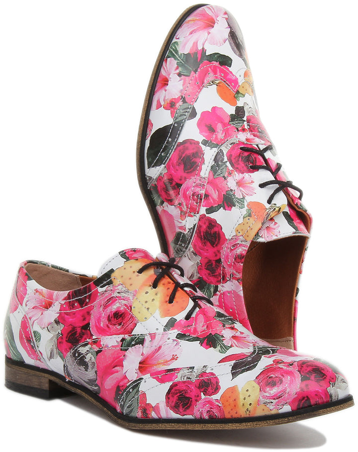 JUSTINREESS ENGLAND Womens Shoes Kalina Lace up Flat Brogue In White Floral Print