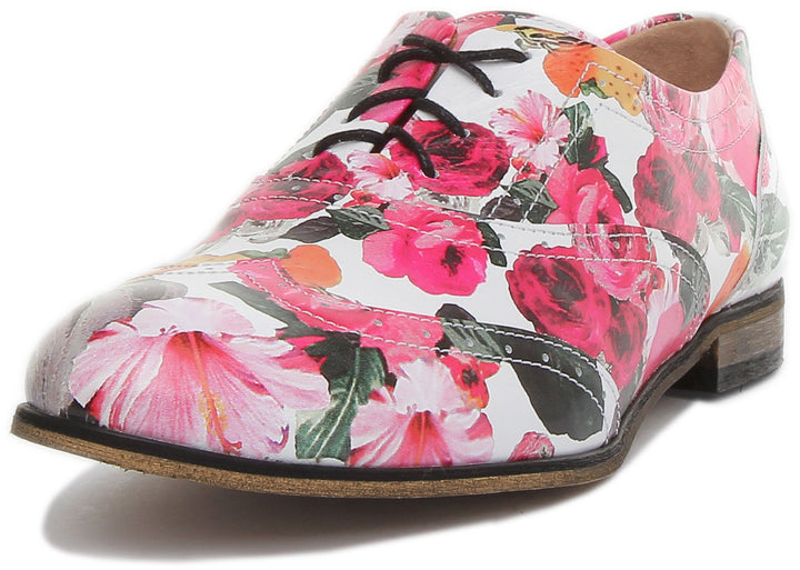 JUSTINREESS ENGLAND Womens Shoes Kalina Lace up Flat Brogue In White Floral Print