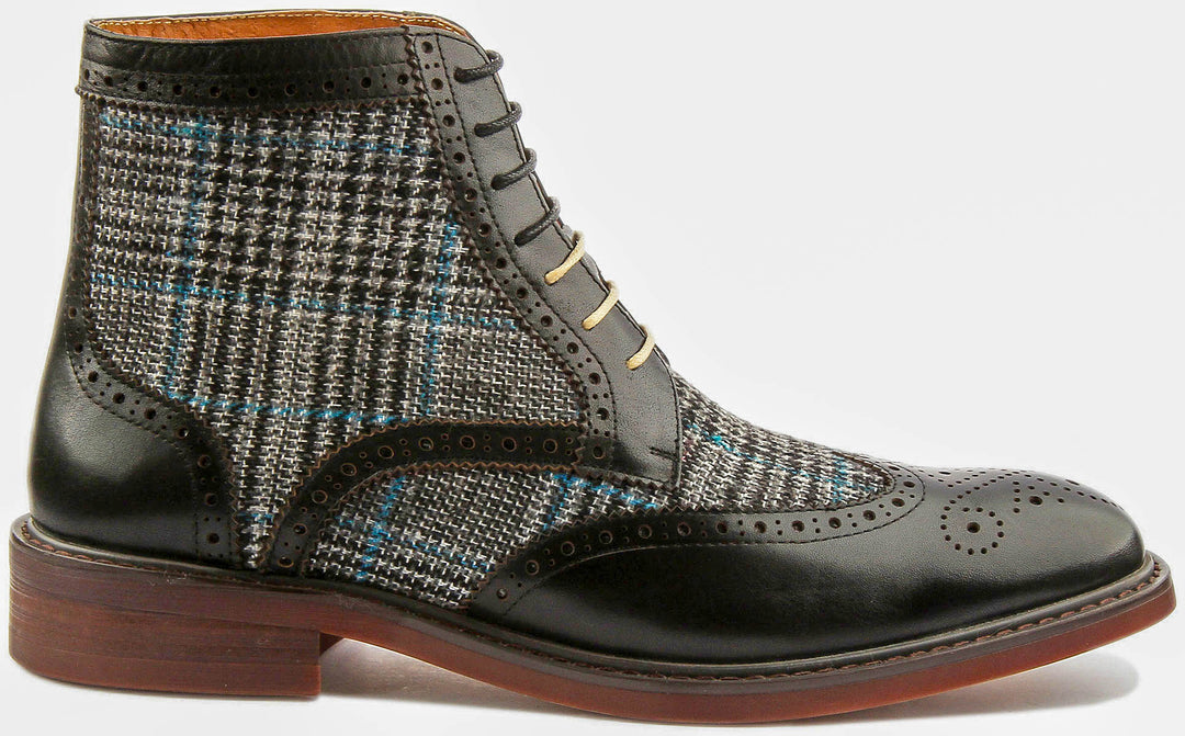 Alvin Lace Up Leather & Tweed Boot In Black