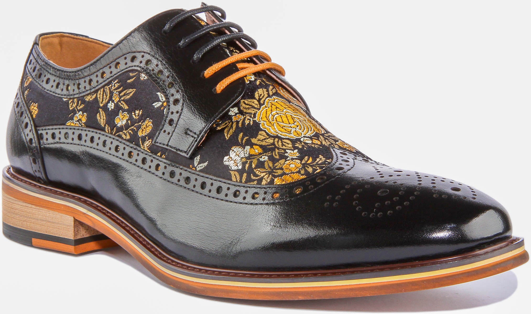 Ross in black floral trim mens leather brogue shoes by Justinreess England