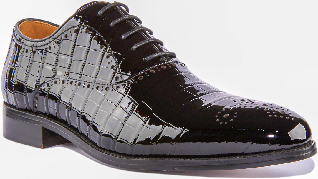 Andre Lace Up Croc Print In Black Patent