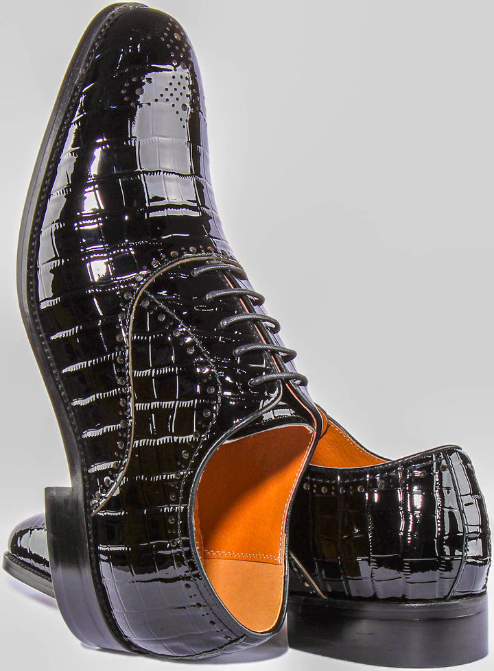 Andre Lace Up Croc Print In Black Patent