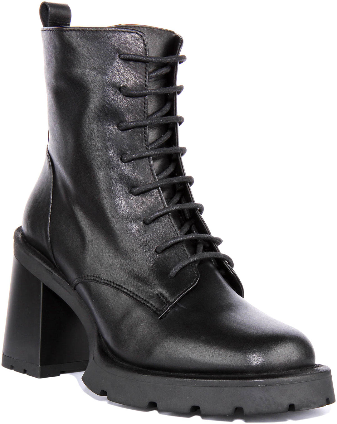 Womens Lace up Boots Black Ladies Leather Square Block Heel