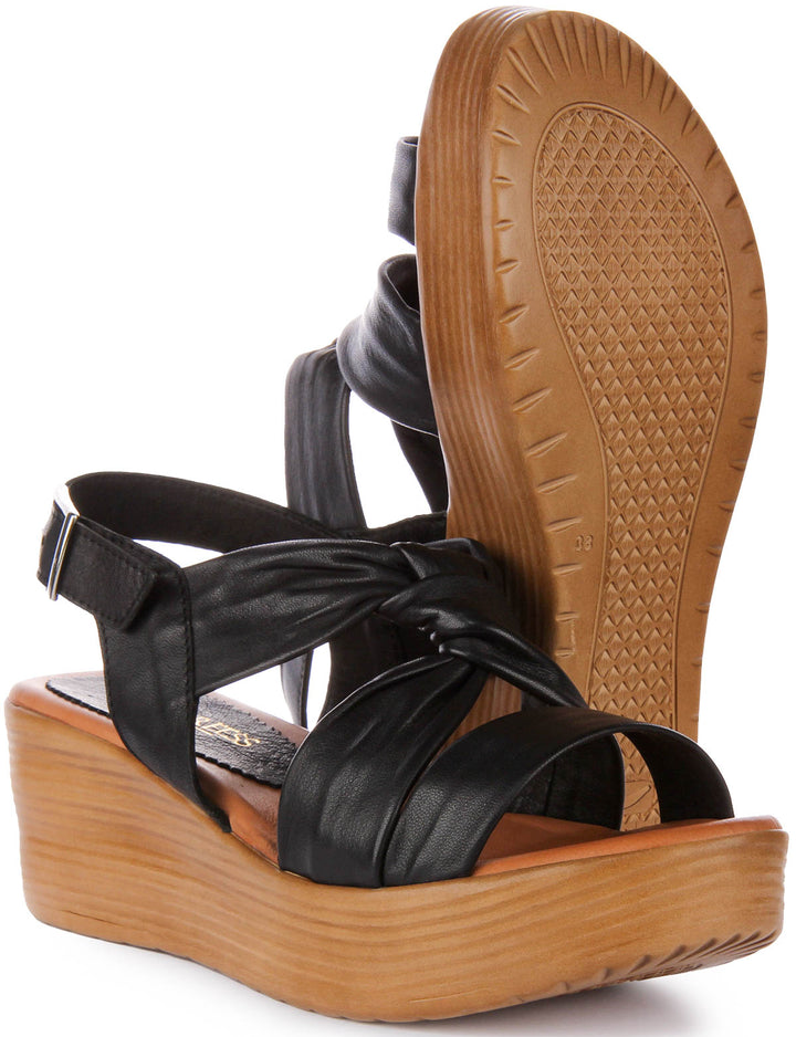 Raya Wedge Leather Sandals In Black