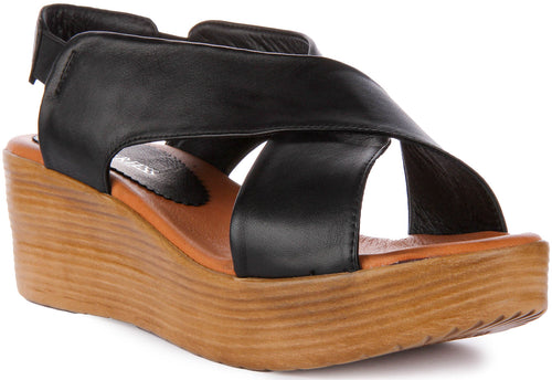 Flora Wedge Leather Sandals In Black