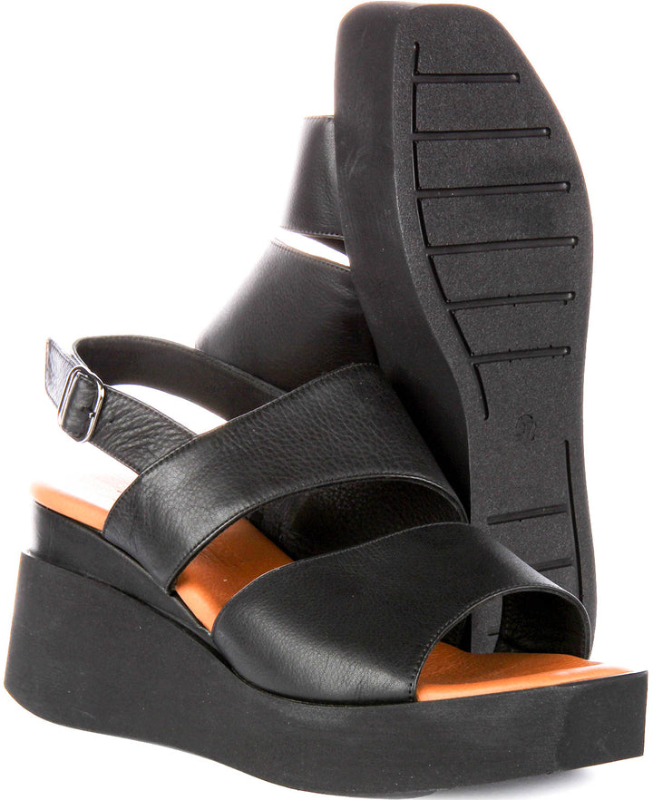 Valeria Wedge Back Strap Sandal In Black Leather