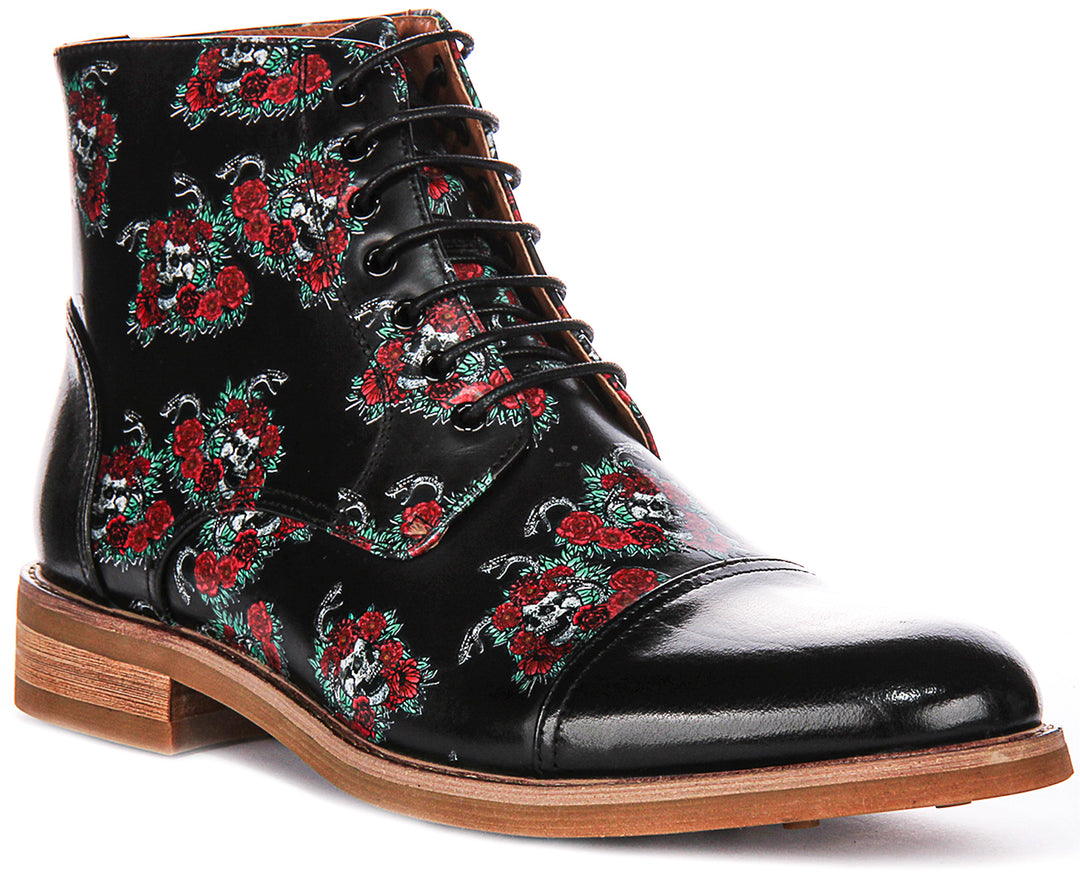 Adam Skull Rose Ankle Boots In Black