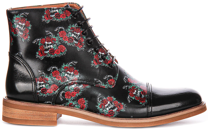 Adam Skull Rose Ankle Boots In Black