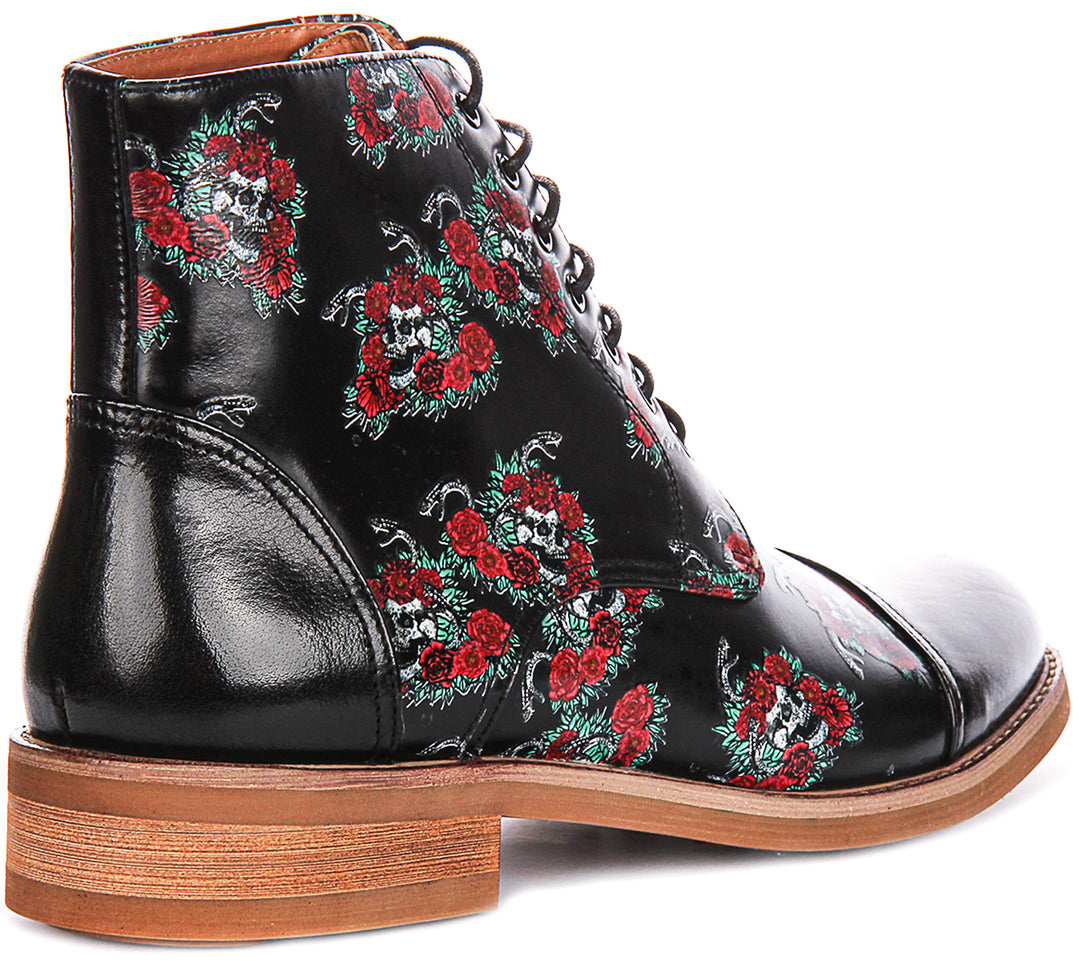 Adam Skull Rose Ankle Boots In Black