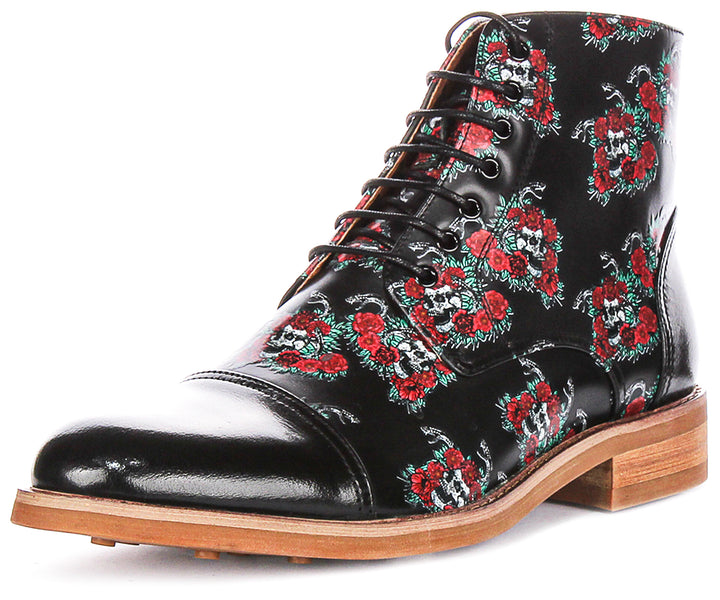 Adam Skull Rose Ankle Boots In Black