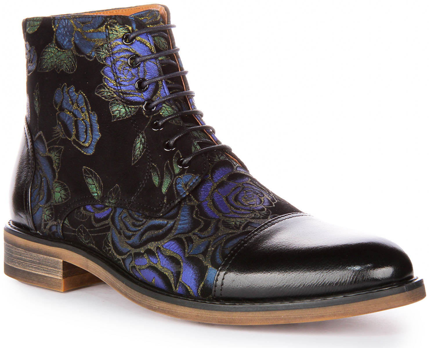 JUSTINREESS Mens Lace up Floral Print Oxford Boot in Black Blue Justin Reess