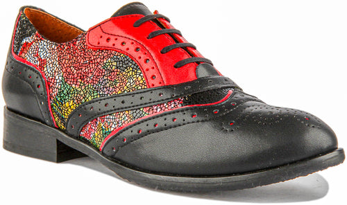 Roxana Lace up Soft Leather Brogue Shoes in Black Floral Red